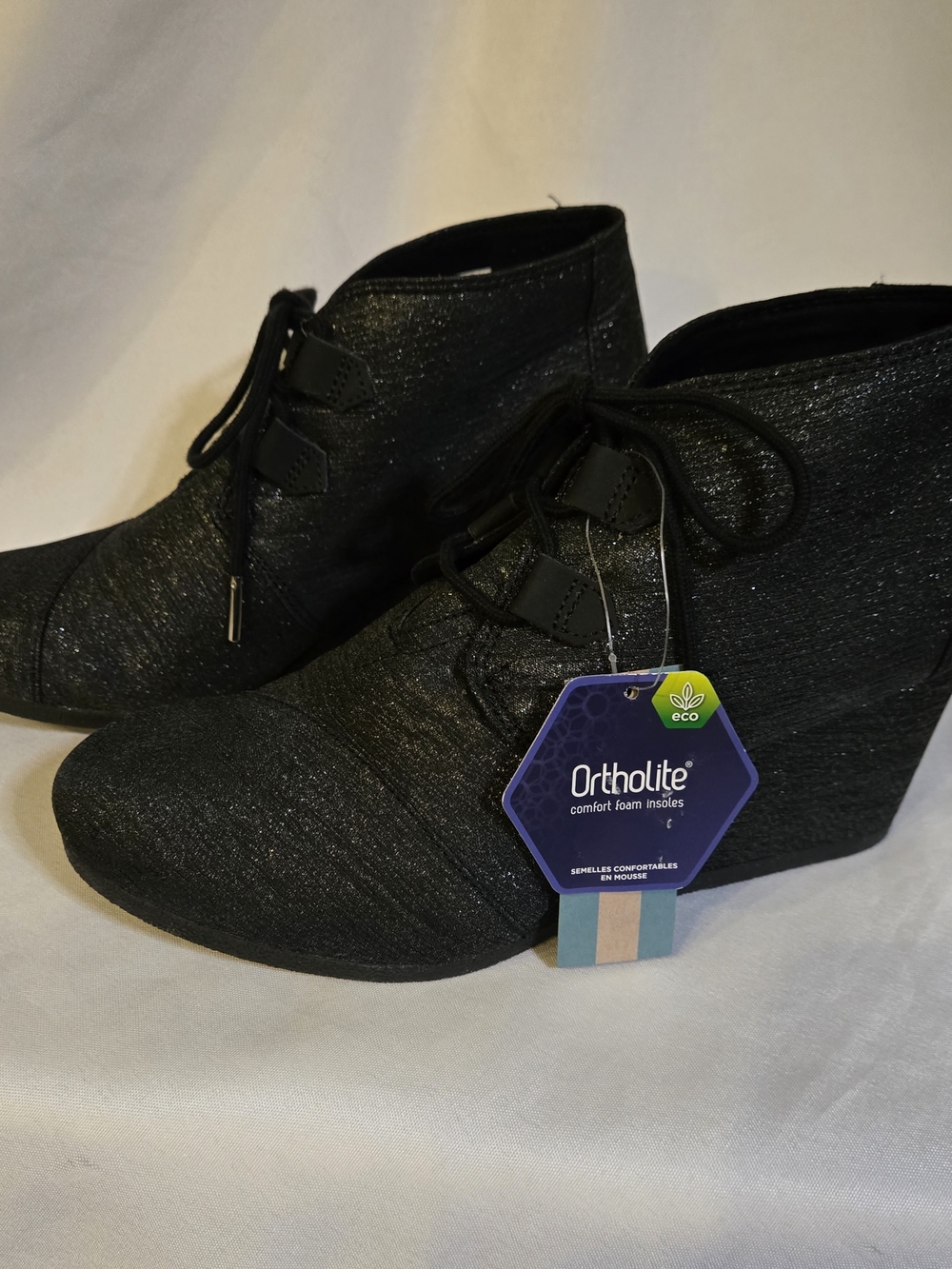Toms Orthilite Shimmery Black Wedge Ankle Booties with Lace-Up S 8.5 NWT